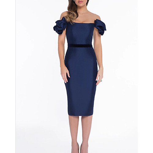 

Sheath / Column Minimalist Elegant Wedding Guest Cocktail Party Dress Off Shoulder Short Sleeve Knee Length Satin with Sleek 2021