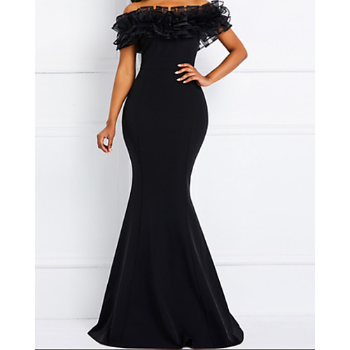 

Mermaid / Trumpet Minimalist Elegant Party Wear Prom Dress Off Shoulder Short Sleeve Floor Length Satin with Ruffles 2021