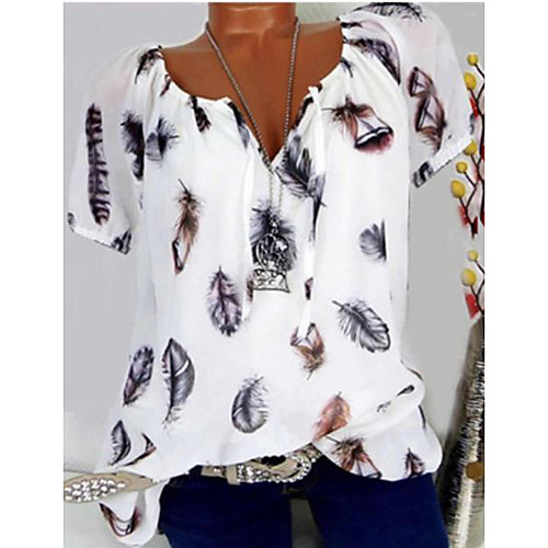

Women's T shirt Print Graphic Feather V Neck Tops White Black Blue