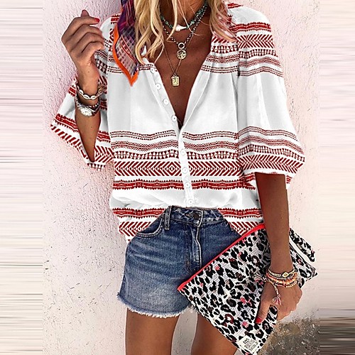 

Women's Blouse Shirt Graphic Prints V Neck Tops Red