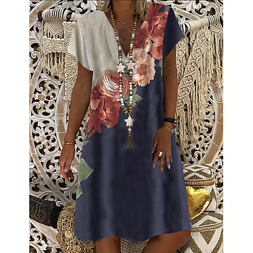 

Women's Shift Dress Knee Length Dress Blue Short Sleeve Floral Clothing Summer V Neck Hot Casual vacation dresses 2021 M L XL XXL 3XL