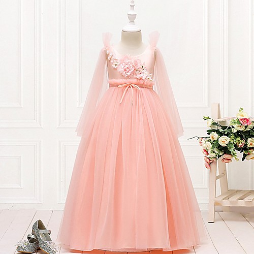 

Princess Floor Length Flower Girl Dresses Party Tulle Long Sleeve Jewel Neck with Bow(s)