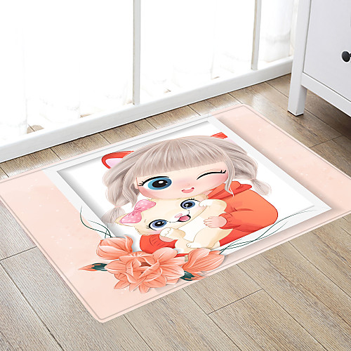 

Flowers Kitten Girl Modern Bath Mats Nonwoven / Memory Foam Novelty Bathroom