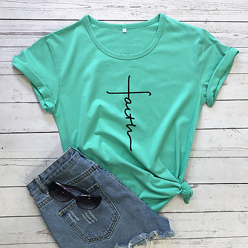 

Women's Faith T shirt Graphic Text Letter Print Round Neck Basic Tops Slim 100% Cotton Yellow Blushing Pink Wine
