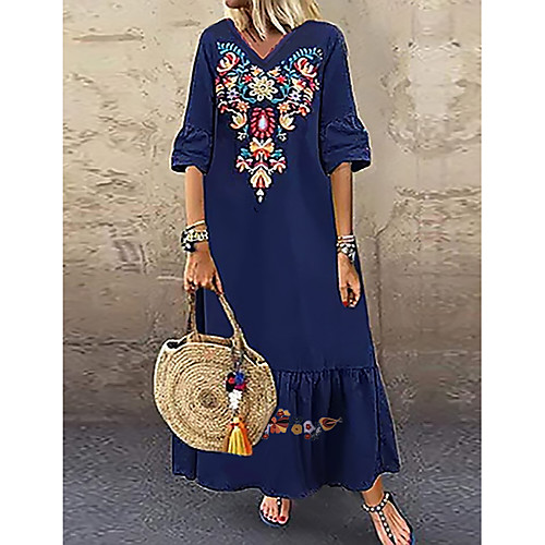 

Women's A Line Dress Maxi long Dress White Navy Blue Short Sleeve Tribal Print Summer V Neck Boho Holiday Beach Loose 2021 M L XL XXL 3XL 4XL 5XL / Plus Size / Plus Size