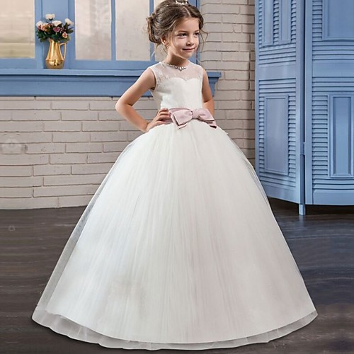

Princess Floor Length Flower Girl Dresses Party Tulle Sleeveless Jewel Neck with Sash / Ribbon