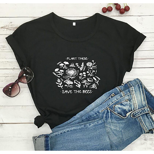 

Women's T shirt Graphic Text Graphic Prints Print Round Neck Basic Tops 100% Cotton Black Yellow Green