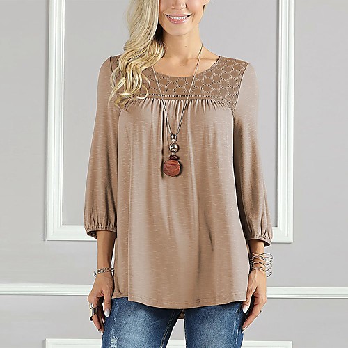 

Women's Blouse Shirt Solid Colored Round Neck Tops Wine Khaki Gray