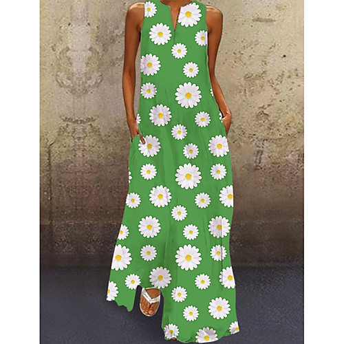 

Women's A Line Dress Maxi long Dress Blue Green Sleeveless Daisy Print Summer V Neck Hot Elegant Casual 2021 M L XL XXL 3XL 4XL 5XL