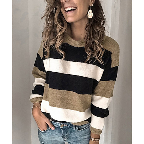 

Women's Striped Pullover Long Sleeve Sweater Cardigans Round Neck Fall Winter Blue Yellow Wine