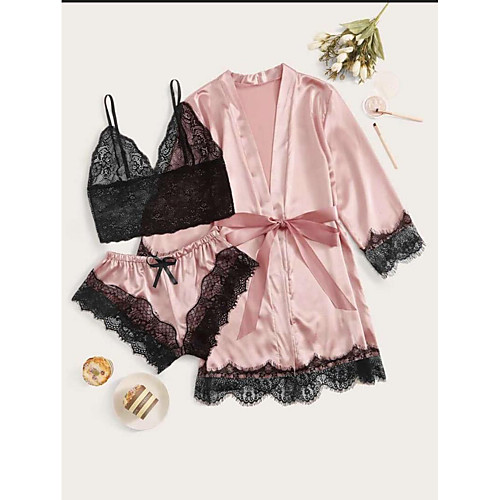 

Women's Robes Suits Lace Bow Patchwork Embroidered POLY Spandex Casual Deep V Daily Wear Home Buckle / Strap / 3 Pieces / Super Sexy / Strap