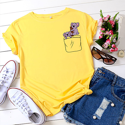 

Women's T shirt Animal Print Round Neck Basic Tops 100% Cotton White Black Yellow