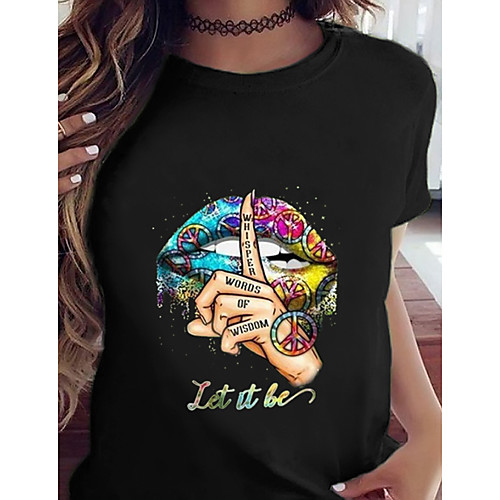 

Women's T shirt Graphic Printing Round Neck Tops Black Blue Purple