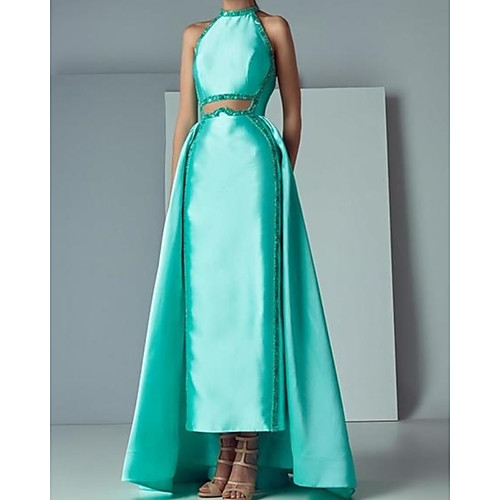 

Sheath / Column Beautiful Back Elegant Engagement Prom Dress Halter Neck Sleeveless Floor Length Satin with Beading 2021