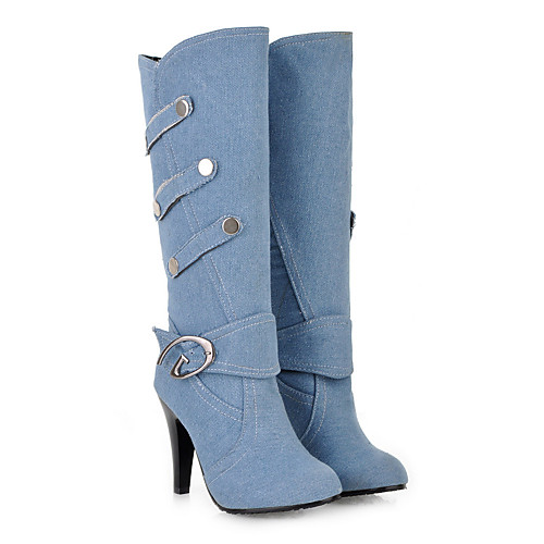 

Women's Boots Stiletto Heel Round Toe Knee High Boots Mid Calf Boots Basic Casual Daily Cotton Solid Colored Blue Black Light Blue / Mid-Calf Boots