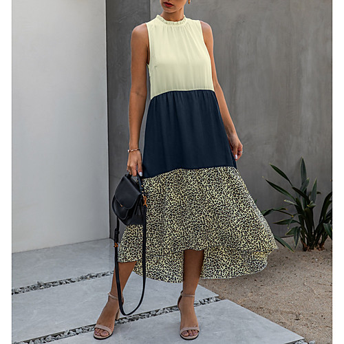 

Women's Shift Dress Midi Dress Dusty Blue Black Sleeveless Leopard Print Summer Round Neck Casual 2021 S M L XL XXL