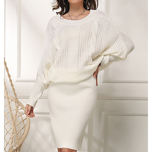 

Women's Sweater Jumper Dress Knee Length Dress Green White Long Sleeve Knitted Fall Winter Round Neck Hot Casual 2021 S M L XL