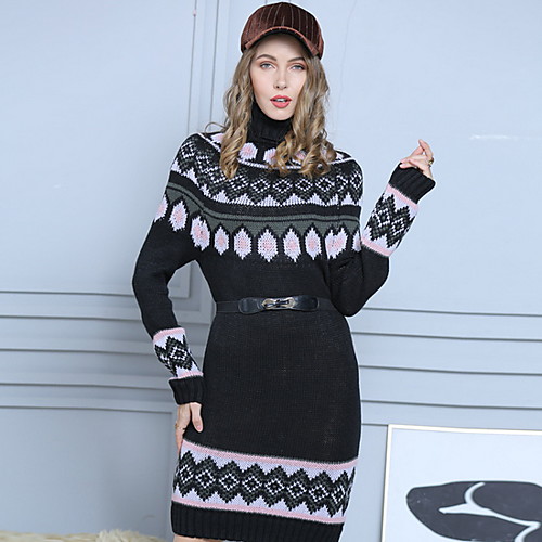 

Women's Plaid Pullover Sweater Dress Long Sleeve Sweater Cardigans Turtleneck Fall Black Red