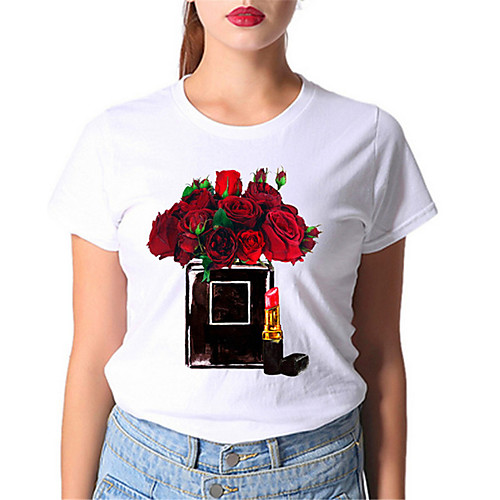 

Women's T shirt Floral Flower Round Neck Tops Slim Red Yellow Blushing Pink