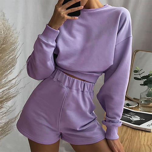 

Women's Sweatsuit 2 Piece Set Black High Waist Oversized Loose Fit Navel Crew Neck Solid Color Cute Sport Athleisure Clothing Suit Long Sleeve Breathable Quick Dry Comfortable Yoga Exercise & Fitness