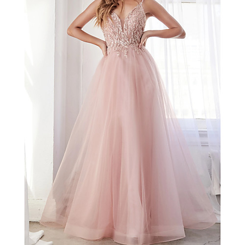 

A-Line Luxurious Elegant Engagement Prom Dress V Neck Sleeveless Floor Length Tulle with Appliques 2021