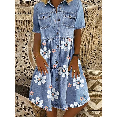 

Women's Denim Shirt Dress Knee Length Dress Blue Short Sleeve Floral Pocket Button Spring Summer Shirt Collar Chic & Modern Casual 2021 M L XL XXL 3XL