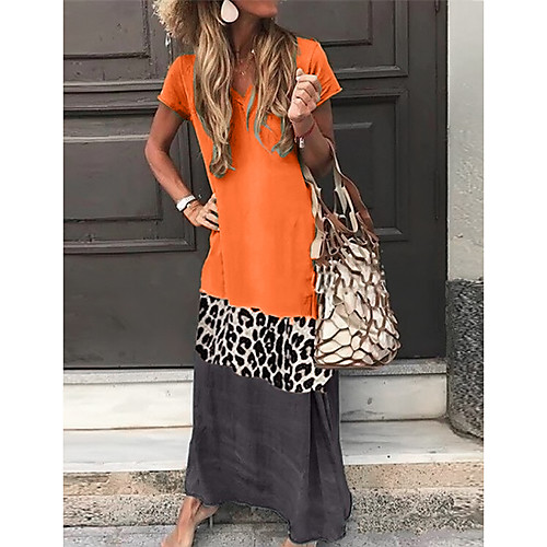 

Women's Shift Dress Maxi long Dress Gray Green Orange Black Short Sleeve Leopard Color Block Summer V Neck Hot Casual Vacation 2021 S M L XL XXL 3XL 4XL 5XL