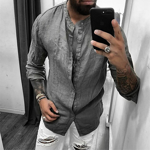 

Men's Shirt Solid Colored Long Sleeve Daily Tops Basic Standing Collar Gray White Black