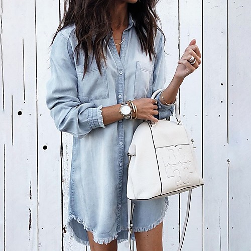 

Women's Blouse Shirt Solid Colored Long Sleeve Shirt Collar Tops Light Blue