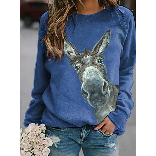 

Women's T shirt Animal Long Sleeve Round Neck Tops Blue Red Yellow