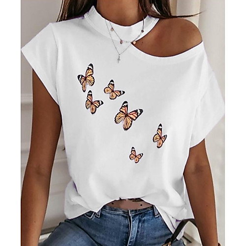 

Women's T shirt Butterfly Graphic Prints Printing Round Neck Tops Blue Blushing Pink