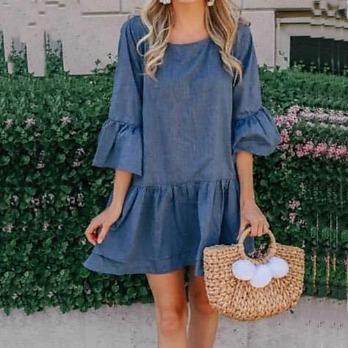 

Women's Shift Dress Knee Length Dress Blue Half Sleeve Solid Color Summer Round Neck Work Vintage Loose 2021 S M L XL