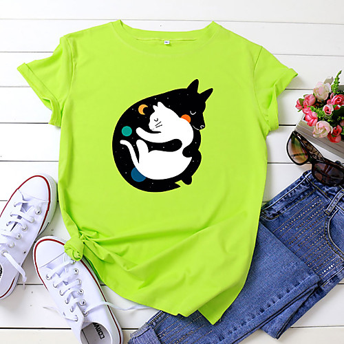 

Women's T shirt Animal Print Round Neck Basic Tops 100% Cotton White Yellow Blushing Pink