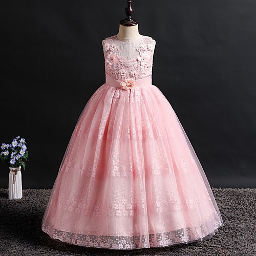 

Princess Floor Length Flower Girl Dresses Party Lace Sleeveless Jewel Neck with Bow(s)