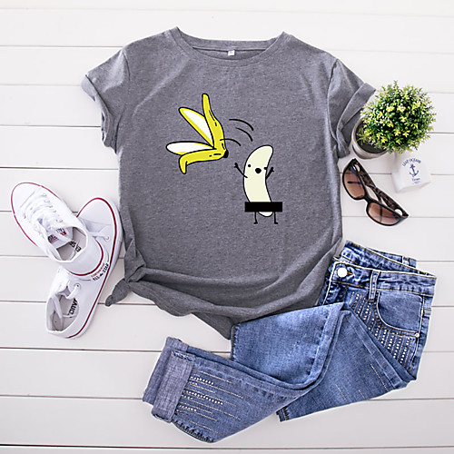 

Women's T shirt Fruit Print Round Neck Basic Tops 100% Cotton White Black Yellow