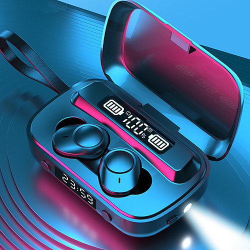 

LITBest A13 TWS True Wireless Earbuds Clock Flashlight Power Bank Hey-Siri Bluetooth Smart Touch IPX7 Waterproof Earphone LED Digital Display Large Capcity Charging Compartment Headset With Rope