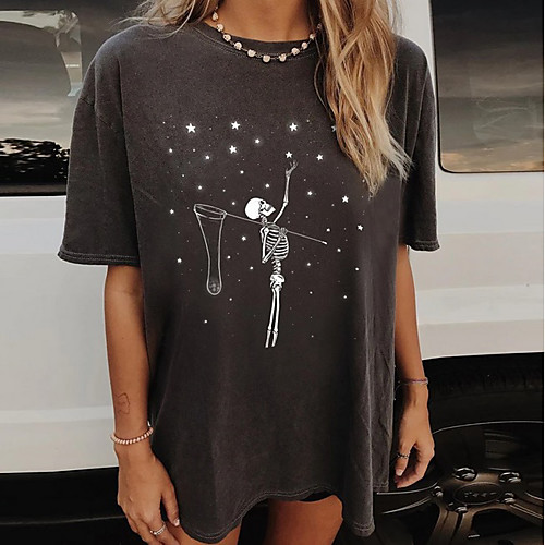 

Women's Halloween T shirt Skull Long Sleeve Round Neck Halloween Tops Black