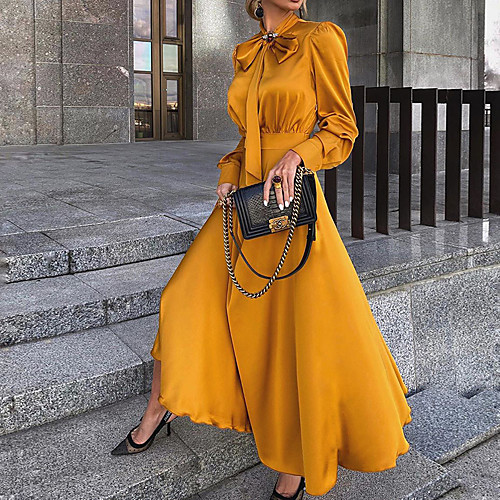 

Women's Sheath Dress Maxi long Dress Yellow Black Red Long Sleeve Ruched Bow Summer Round Neck Hot Casual Slim 2021 S M L XL