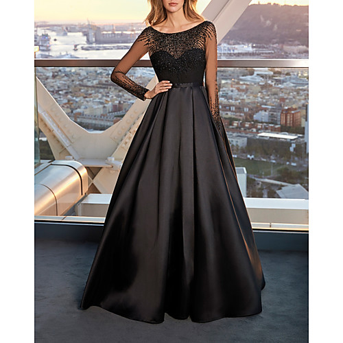 

A-Line Beautiful Back Elegant Wedding Guest Prom Dress Jewel Neck Long Sleeve Floor Length Satin Tulle with Pleats Beading 2021