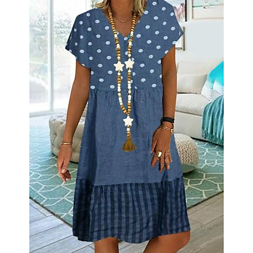 

Women's Shift Dress Knee Length Dress Blue Khaki Green White Short Sleeve Polka Dot Striped Patchwork Print Spring Summer Round Neck Hot Casual Loose 2021 S M L XL XXL 3XL 4XL 5XL