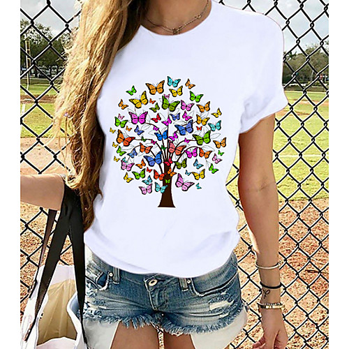 

Women's T shirt Butterfly Graphic Prints Round Neck Tops 100% Cotton White