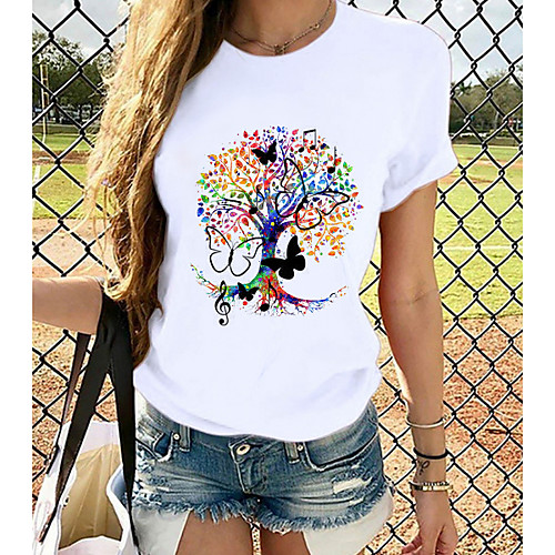 

Women's T shirt Butterfly Graphic Prints Round Neck Tops 100% Cotton White