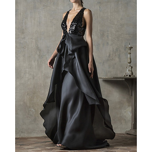 

A-Line Beautiful Back Sexy Engagement Formal Evening Dress V Neck Sleeveless Sweep / Brush Train Tulle with Sequin 2021