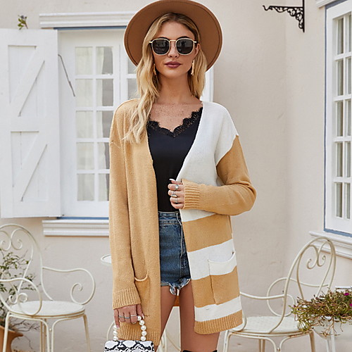 

Women's Color Block Cardigan Long Sleeve Sweater Cardigans Halter Neck Fall Yellow