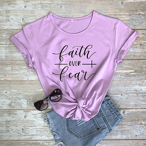

Women's Faith T shirt Graphic Text Graphic Prints Print Round Neck Basic Tops 100% Cotton White Black Purple