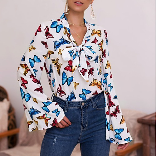 

Women's Blouse Shirt Cartoon Long Sleeve V Neck Tops White Black