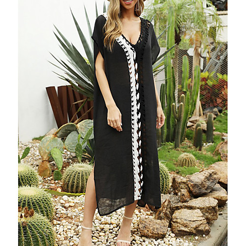 

Women's Shift Dress Midi Dress Black Short Sleeve Color Block Summer V Neck Casual Loose 2021 One-Size