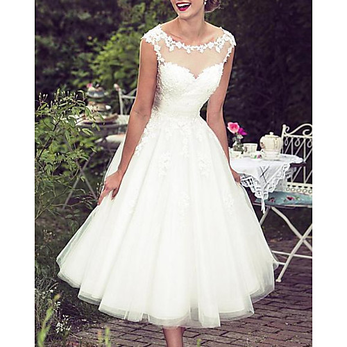 

A-Line Wedding Dresses Jewel Neck Knee Length Lace Tulle Sleeveless Vintage 1950s with Appliques 2021