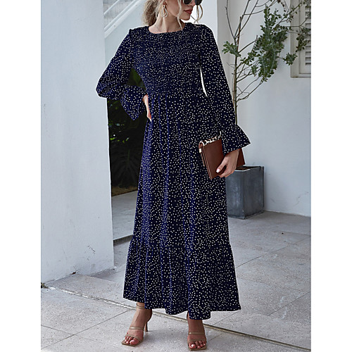 

Women's Swing Dress Maxi long Dress Blue Yellow Green Black Red Long Sleeve Print Patchwork Print Spring Summer Round Neck Casual Holiday Puff Sleeve Slim 2021 S M L XL