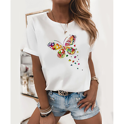 

Women's T shirt Butterfly Graphic Prints Printing Round Neck Tops 100% Cotton White